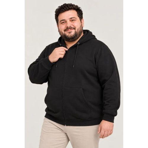Erkek Battal Büyük Beden Üç İplik İçi Şardonlu Kapüşonlu Tam Fermuarlı Kışlık Sweatshirt - Siyah