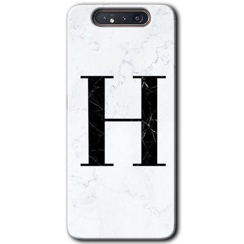 Galaxy A80 Kılıf HD Desen Baskılı Arka Kapak - Beyaz Mermer Desenli H Harfi + Kırılmaz Cam