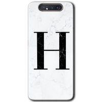 Galaxy A80 Kılıf HD Desen Baskılı Arka Kapak - Beyaz Mermer Desenli H Harfi + Kırılmaz Cam