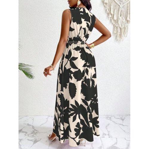 Kadın Askılı Kruvaze Yakalı çiçek Desenli Uzun Süprem Elbise
