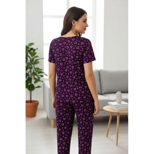Kadın Mor Kalp Desenli Fiyonk Detaylı Kısa Kollu Uzun Pijama Takımı Premium Ev Giyim