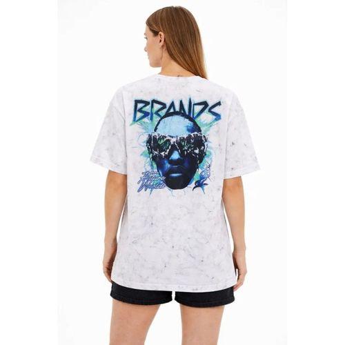 Asit Yıkamalı Oversize Tişört Future Worlds Baskılı Bisiklet Yaka Kısa Kollu Streetwear %100 Pamuk Street Style T-Shirt - Beyaz