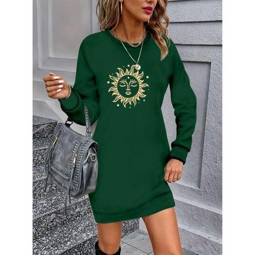 Kadın Uzun Kollu Bisiklet Yaka Güneş Desenli Viskon Iki Iplik Elbise