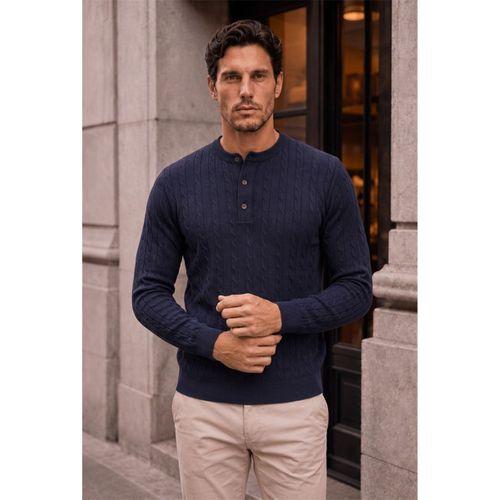 Bergamo %100 Akrilik Henley Yaka Saç Örgülü İnce Erkek Triko Kazak - İndigo