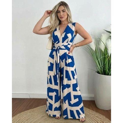 Kadın Askılı Kruvaze Yakalı Belden Kuşaklı Uzun Desenli Süprem Tulum