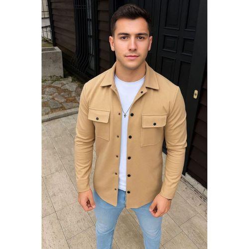 Erkek Diagonal Kumaş Cepli Çıtçıtlı Uzun Kollu, Gömlek Oversize Rahat Kalıp Günlük Şık Stil - Bej