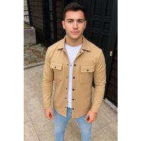 Erkek Diagonal Kumaş Cepli Çıtçıtlı Uzun Kollu, Gömlek Oversize Rahat Kalıp Günlük Şık Stil - Bej