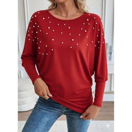 Kadın Uzun Kollu Yuvarlak Yaka Incili Viskon Bluz