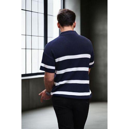 Yarım Fermuar Çizgili Oversize Triko T-Shirt - Lacivert