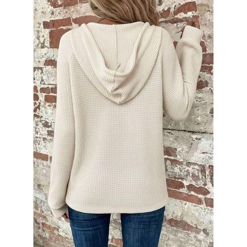 Kadın Uzun Kollu Kapşonlu önü Düğmeli Ve Bağcıklı Waffle Bluz