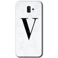 MRCİLETİSİM MRCİLETİSİM Samsung Galaxy J6 Plus Kılıf HD Desen Baskı Arka Kapak + Temperli Cam - Beyaz Mermer Desenli V Harf