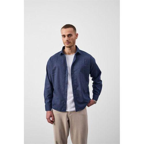 Pixel Relaxed Fit Pamuklu Mikro Çizgili Flanel Erkek Gömlek - Lacivert