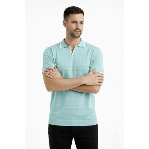 Erkek 3’lü Paket Triko Yakalı Düğmesiz Açık Yaka Fitilli Kısa Kollu Regular Fit Tişört - Bej, Beyaz, Mint Yeşili