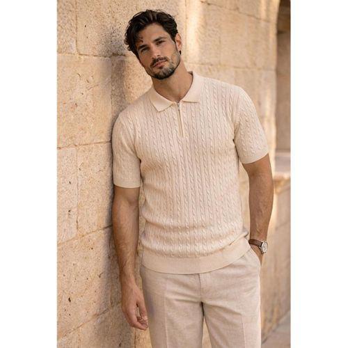 Burke Saç Örgü Yarım Fermuarlı Kısa Kollu İnce Triko Erkek T-Shirt - Bej