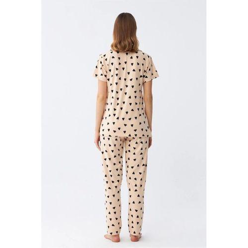 Kadın Krem Rengi Kalp Desenli Önden Düğmeli Pijama Takımı