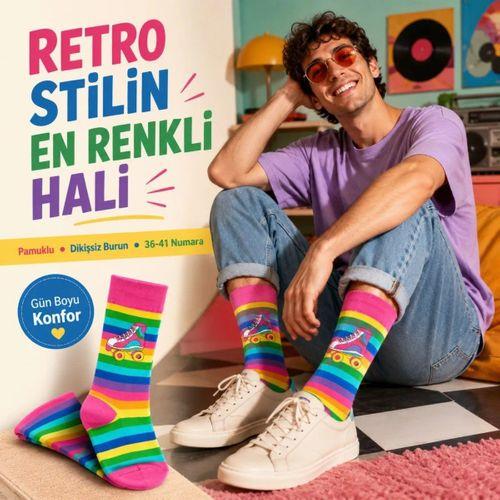 Gökkuşağı Çizgili Retro Paten Desenli Soket Çorap Pamuklu Dikişsiz Burun 36-40 Numara Uzun Konç