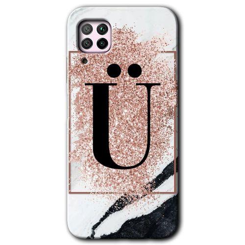 MRCİLETİSİM Huawei P40 Lite Kılıf HD Desen Baskılı Arka Kapak + Temperli Cam - Pembe Mermer Desenli Ü Harfi