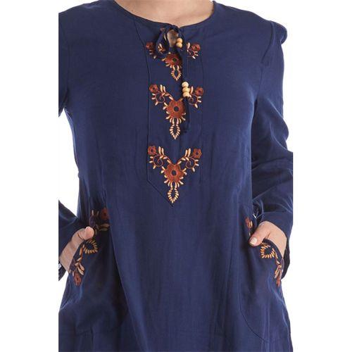 Uzun Kol Lacivert Nakış Detaylı Bağcık Yaka Cepli Vual Uzun Elbise