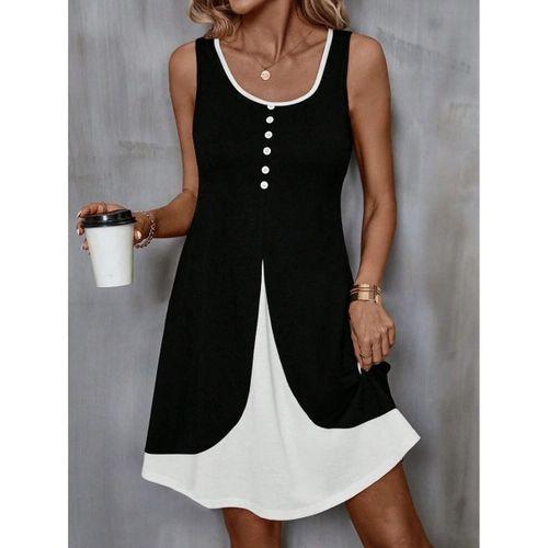 Kadın Askılı Yuvarlak Yaka önden Düğmeli çift Renkli Viskon Elbise