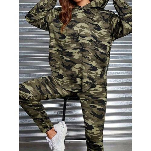 Kadın Uzun Kollu Kapşonlu Kamuflaj Desenli Bluz Ve Pantolon Tayt Ikili Takım