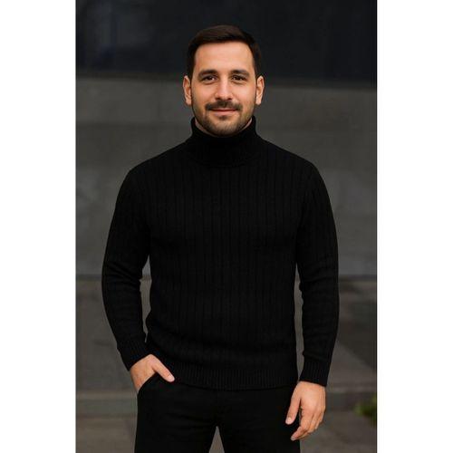 Erkek Balıkcı Yaka Bağazlı Triko Kazak Pamuklu Kalın Fitilli Dokuma, Regular Fit Uzun Kollu Kışlık Model - Siyah