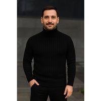 Erkek Balıkcı Yaka Bağazlı Triko Kazak Pamuklu Kalın Fitilli Dokuma, Regular Fit Uzun Kollu Kışlık Model - Siyah