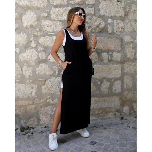 Kadın Askılı Yuvarlak Yakalı Cepli Yırtmaç Detaylı Viskon Elbise Ve Atlet Ikili Takım