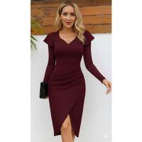 Kadın Uzun Kollu Kalp Yaka önden çapraz Detaylı Midi Ithal Krep Elbise