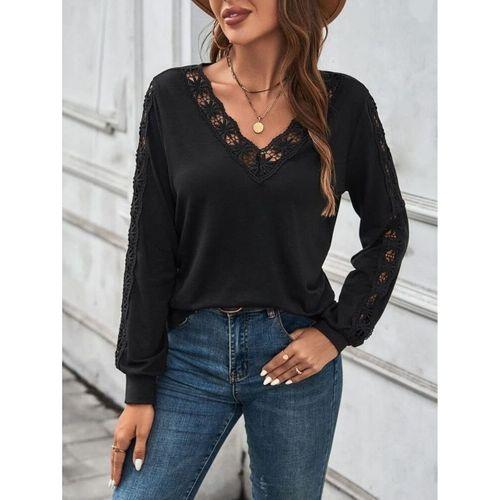 Kadın Uzun Kollu V Yakalı Dantel Detaylı Viskon Bluz