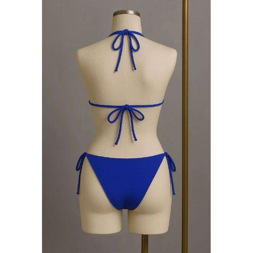 Mavi Üçgen Bikini Takımı Yandan Ve Boyundan Bağlamalı Esnek Kumaş Kadın Mayo Seti