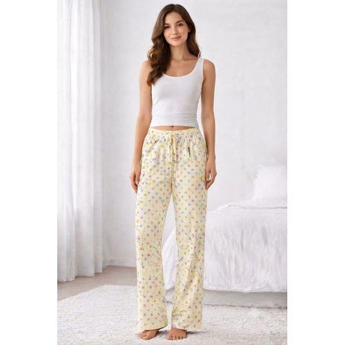 Viskon Pamuklu Kadın Açık Sarı Desenli Pijama Pantolon - MG010 - Mudanis