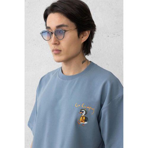 Cep Baskılı İki İplik Kumaş Pamuklu Oversize Erkek T-Shirt - Soğuk Mavi
