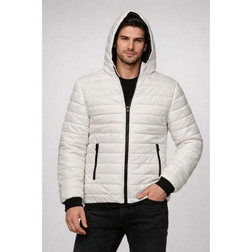 Erkek Şişme Kapüşonlu Fermuarlı Mont Su Itici Kapitone Astarlı Kumaş Cepli Kışlık Rahat Kalıp - Krem