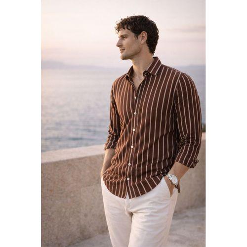 Scorsese Çizgili Relaxed Fit Erkek Gömlek - Kahve