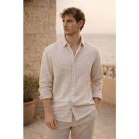 Pera Kumaş Keten Görünümlü Yarım Oversize Uzun kollu Erkek Gömlek - Taş