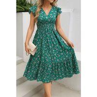 Kadın Kısa Kollu Kruvaze Yaka Beli Lastikli çiçek Desenli Elbise