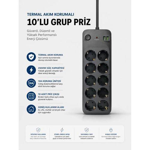 Termal Akım Korumalı Usb Type-c Girişli 10'lu Grup Priz 2500w Güç Kapasitesi