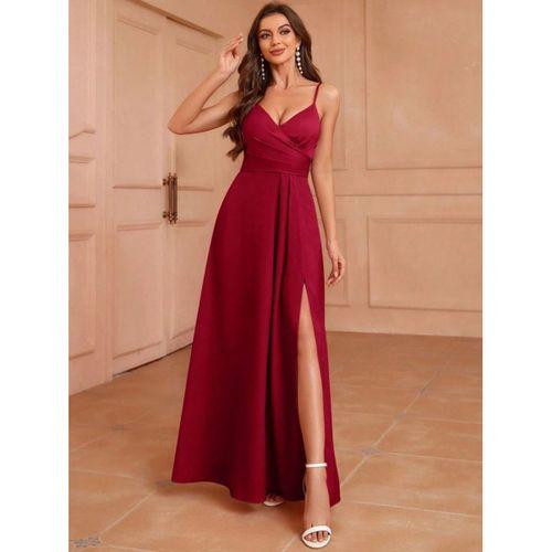 Kadın Ip Askılı Kruvaze Yakalı Yırtmaçlı Uzun Ithal Krep Elbise