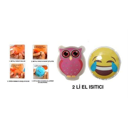 Gülen Emoji Pembe Baykuş Cep Sobası,El Isıtıcı,2 Adet Sıcak Su Torbası Pvc 9Cm