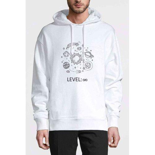 Gezegenler Baskılı Beyaz Erkek Kapşonlu Sweatshirt