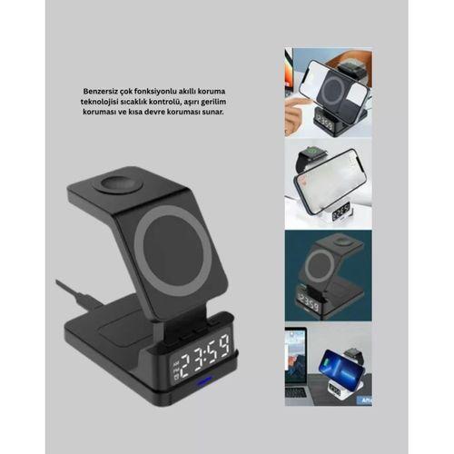 Kablosuz Şarj Cihazı Ve Dijital Saat – 4’ü 1 Arada Hızlı Şarj, Apple Uyumlu, Led Işıklı Tasarım