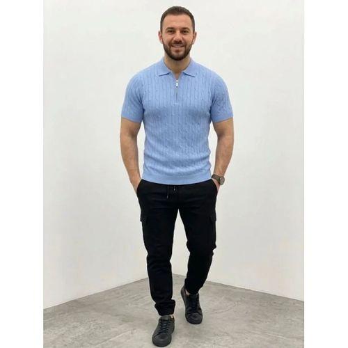 Erkek Yazlık Triko Saç Örgü Tişört Kısa Kol Polo Yaka Fermuarlı T-Shirt - Bebe Mavisi