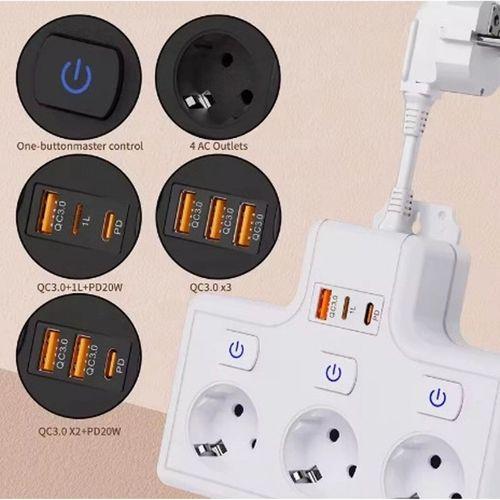 Termal Akım Korumalı 3’lü Duvar Tipi Priz 1x Usb 2x Type-c Çıkışlı Grup Priz Çoğaltıcı (3500w)