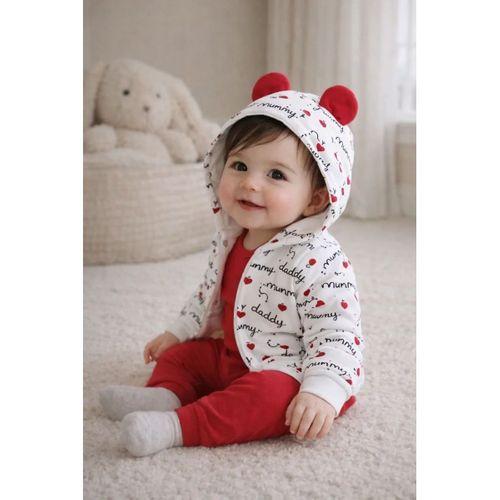 Kalp Desenli Kulaklı 3 Lü Kız Bebek Takımı