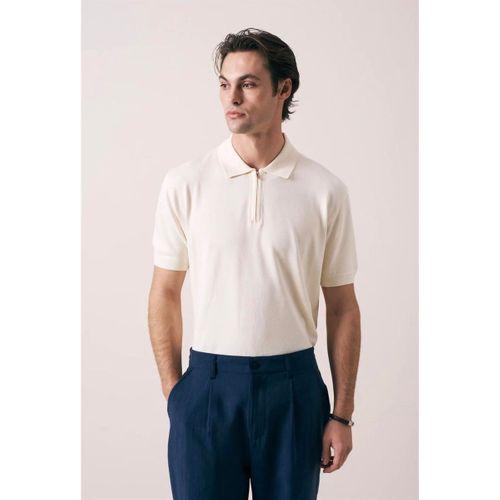 Linus Fermuarlı Polo Yaka Kısa Kollu İnce Triko Erkek T-Shirt - Bej