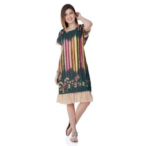 Kısa Kol Vual Defne Midi Boy Yazlık Otantik Elbise Yesil 6094