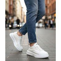 BA0332 Merdiven Desen Bağcıklı Erkek Yüksek Taban Beyaz Cilt Spor Ayakkabı