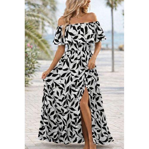 Kadın Madonna Yaka Göğüs Lastikli Yırtmaçlı Uzun Desenli Süprem Elbise