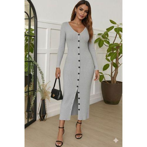 Kadın Uzun Kollu V Yakalı önden Düğmeli şardonlu Kaşkorse Elbise