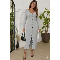 Kadın Uzun Kollu V Yakalı önden Düğmeli şardonlu Kaşkorse Elbise